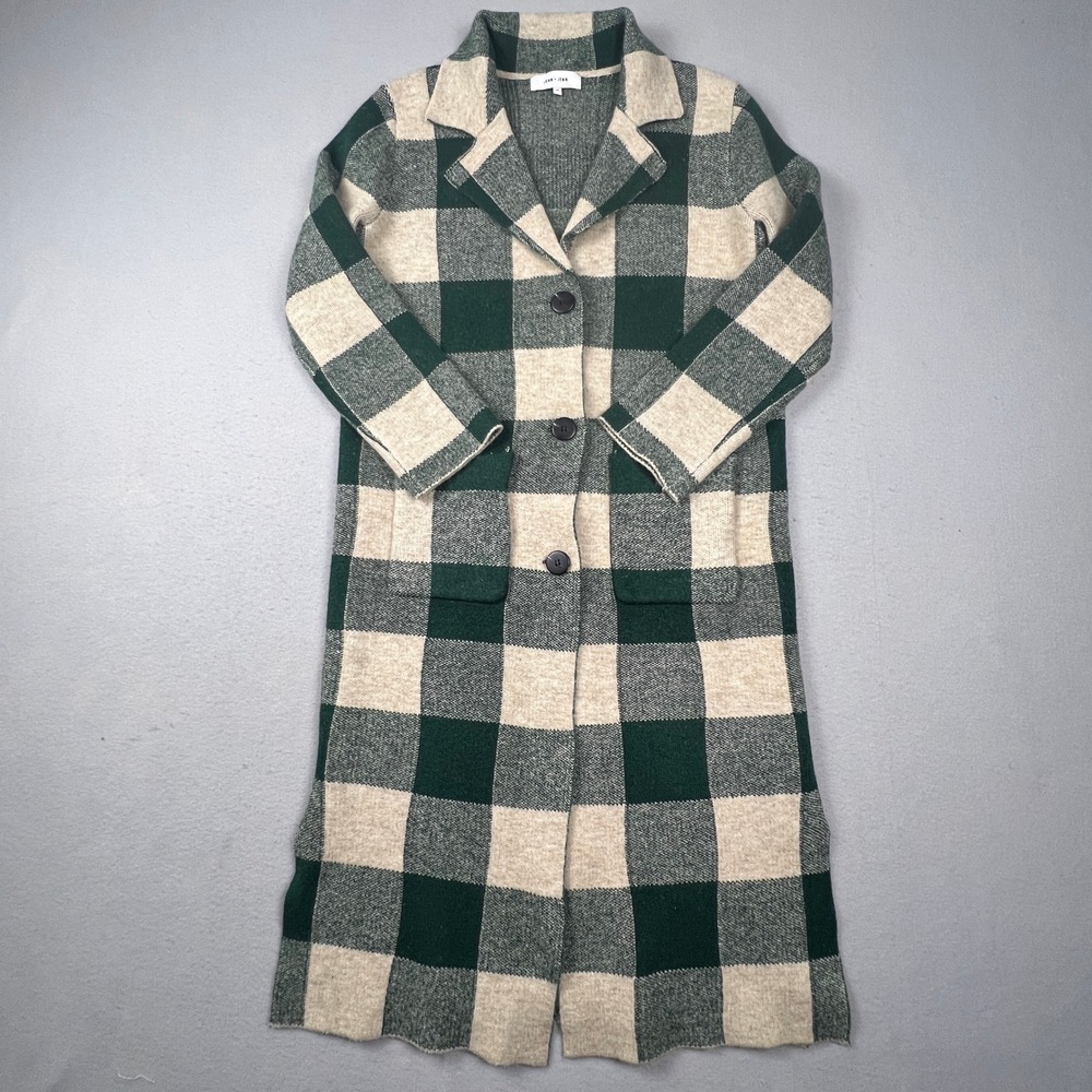 John + Jenn Longline Cardigan Women Small Green Plaid Duster Sweater Coat Mod